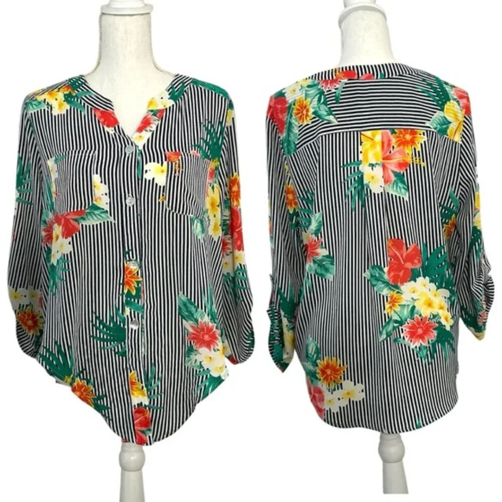 Ruby Rd Tie Up Top High Low 3/4 Sleeve Tropical Black White Stripe Petite Large - Picture 3 of 16